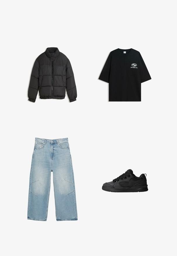 Černá prošívaná bunda s vysokým límcem, zipovým zapínáním a elastickými manžetami. Obsahuje vodorovně prošívané části a boční kapsy.; Černé oversized bavlněné tričko s kulatým výstřihem a krátkým rukávem, na přední straně s potiskem bílého loga "Shibuya".; Světle modré džíny s širokými nohavicemi, viditelným prošíváním, dvěma předními kapsami a úhlovými střihovými detaily na nohavicích.; Černé tenisky s texturovaným svrškem, obsahující šněrování, síťované detaily pro prodyšnost, polstrovaný límec a pevnou podrážku.