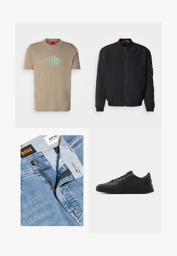 Mustat pommikaukkakot, jossa on vetoketjullinen etuosa, ribatut hihansuut ja kaulus. Omistaa sileän ja kevyen kankaan sekä sivutaskun vetoketjulla.; Beige t-paita, jossa on edessä timantinmuotoinen mintunvihreä "HUGO"-logo. Klassinen pyöreä kaula-aukko ja lyhyet hihat.; Vaaleansiniset farkut vetoketjulla, oransseilla ompeleilla ja mustalla tarralla, jossa on "BOSS" ja "SOFT MOTION" -tunnisteet.; Mustat lenkkitossut, joissa on sileä nahkapäällinen, pyöreä kärki, tasaiset nauhat, pehmustettu nilkka ja minimalistinen muotoilu. Kumia pohja, jossa on hillitty urakuvio.