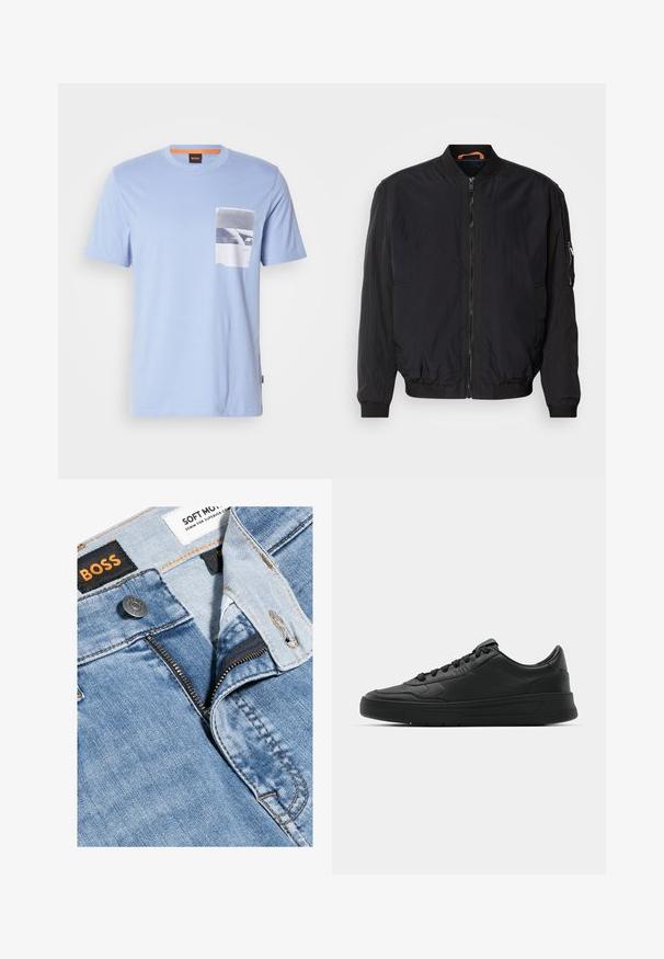 Schwarze Bomberjacke mit Reißverschluss vorne, gerippten Manschetten und Kragen. Aus glattem, leichtem Stoff gefertigt und mit einer seitlichen Tasche mit Reißverschluss.; Hellblaues T-Shirt aus weicher Baumwolle mit einer Brusttasche, die ein schwarz-weißes Grafikdesign zeigt. Mit kurzen Ärmeln und Rundhalsausschnitt.; Helle blaue Jeans aus Denim mit einem Reißverschluss, orangefarbener Naht und einem schwarzen Etikett mit den Aufschriften "BOSS" und "SOFT MOTION".; Schwarze Sneaker mit glattem Lederobermaterial, runder Zehenpartie, flachen Schnürsenkeln, gepolstertem Kragen und minimalistischem Design. Gummisohle mit subtiler Profilierung.