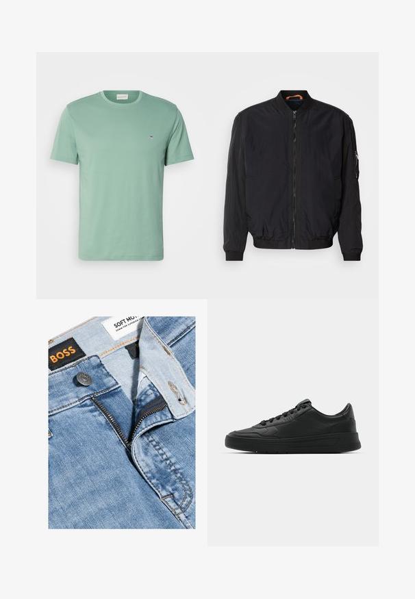 Sort bomberjakke med lynlås foran, ribbede manchetter og krave. Har et glat, let stof og en sidelomme med lynlås.; Lys grøn bomulds t-shirt med runde halsudskæring, korte ærmer og et lille emblem nær venstre bryst. Blød tekstur, almindelig pasform.; Lyseblå denim jeans med lynlås, orange stikninger og et sort label med "BOSS" og "SOFT MOTION" mærker.; Sort sneakers med glat læderoverdel, rund tå, flade snørebånd, polstret krave og minimalistisk design. Gummisål med subtilt mønster.