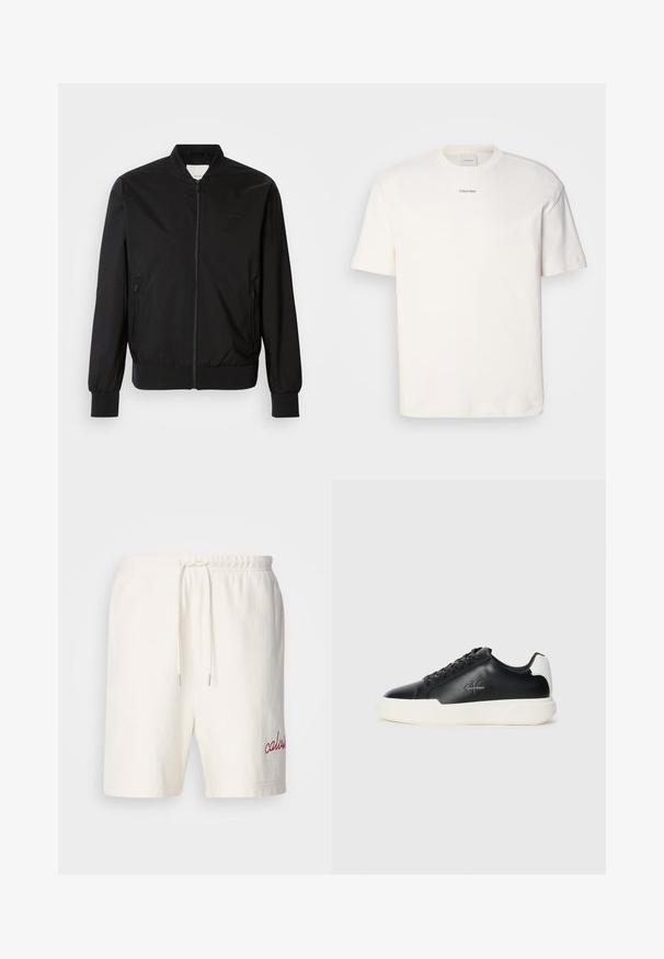 Juodas bomberis, pagamintas iš lygaus audinio, su užtrauktuku priekyje, dviem šoninėmis kišenėmis, tampriais rankogaliais ir apvaliu iškirpimu. Be raštų.; Balta medvilninė marškinėlių suapvalintu kaklu, trumpomis rankovėmis ir siuvinėtu "Calvin Klein" logotipu krūtinės centre. Paprastas dizainas.; Balti medvilniniai šortai su elastinga juosta ir raišteliu. Kairėje kojoje išsiuvinėtas raudonas "calvin" užrašas. Minkšta tekstūra, paprastas dizainas.; Juodos odinės sportinės bateliai su balta guma. Turi apvalų nosį, raištelių dizainą ir logotipo detalę šone. Užpakalinė akcento dalis balta.