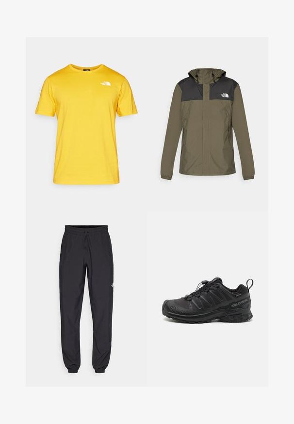 Olivgrüne Jacke mit oberem Abschnitt und Kapuze in Schwarz. Verfügt über elastische Bündchen, Reißverschlusstaschen und ein Logo auf der linken Brustseite.; Gelbes Baumwoll-T-Shirt mit kurzen Ärmeln, Rundhalsausschnitt und einem weißen Logo auf der linken Brust. Der Stoff wirkt glatt und leicht.; Schwarze Sporthosen aus leichtem Stoff, mit einem Kordelzugbund, seitlichen Taschen und schmal zulaufenden Bündchen an den Knöcheln.; Schwarzer Sportschuh mit einer strukturierten, synthetischen Oberseite, gepolsterten Sohle und einem schnellen Schnürsystem. Verfügt über eine verstärkte Zehen- und Fersenkappe.