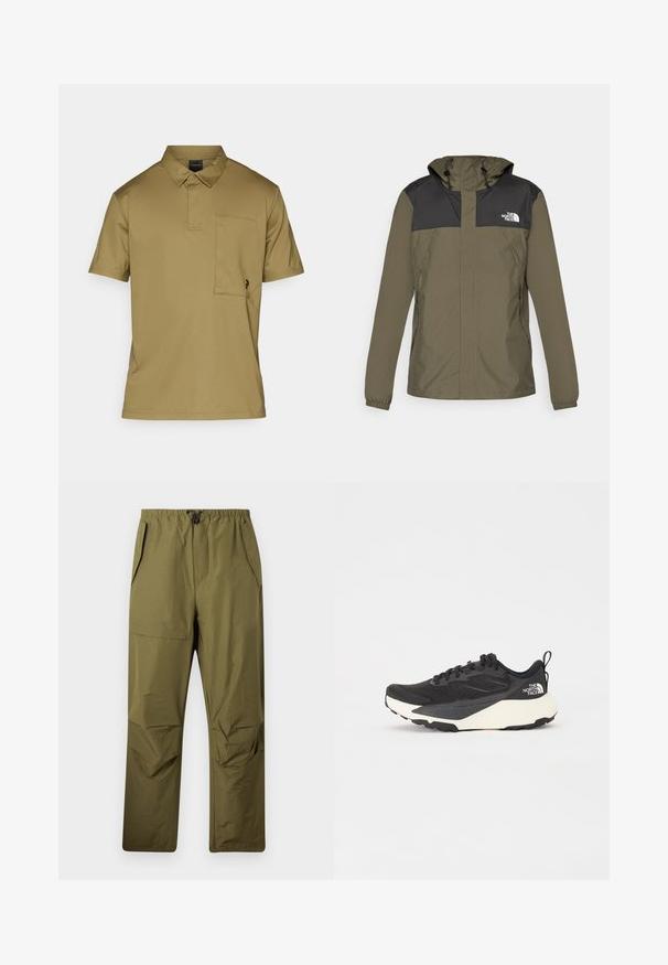 Casaco verde-azeitona com uma parte superior e capuz pretos. Apresenta punhos elásticos, bolsos com fecho éclair e um logótipo no lado esquerdo do peito.; Peak Performance POCKET - Polo - snap green; Calças verde-oliva de perna reta com uma cintura elástica e cordão, com bolsos laterais e um bolso com aba na coxa direita.; Sapatilha atlética preta com parte superior em malha texturada, detalhes pretos sólidos e sola leve branca. Apresenta fecho com atacadores e alça de puxar.