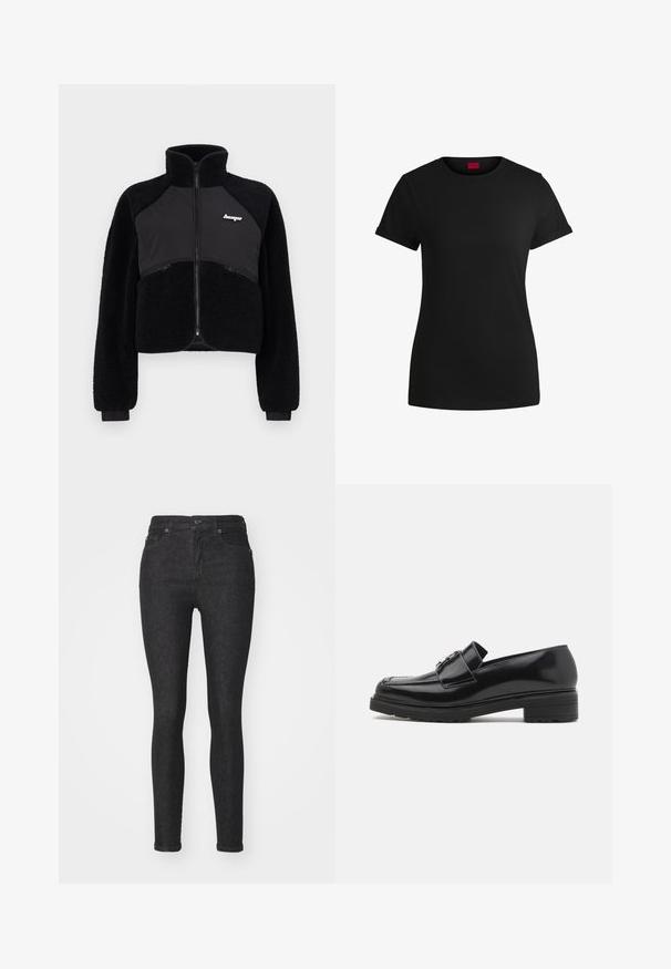 Crna zip-jakna s flisom i glatkim tekstilnim panelima, visokim ovratnikom i rebrastim rukavima. Sadrži logo na prsima i prednje zip džepove.; Crna pamučna majica s kratkim rolanim rukavima, okruglim izrezom i crvenom etiketom. Glatka tekstura, uski kroj s minimalnim detaljima.; Crne uske traperice od denima s prilagođenim oblikom, klasičnim dizajnom s pet džepova, zatvaranjem na gumbe sprijeda i suptilnim detaljima šivanja.; Crni lakirani kožni loafer s niskom blok petom, šivenim vrhom i metalnom kopčom na gornjem dijelu, prikazan u bočnom profilu na bijeloj pozadini.