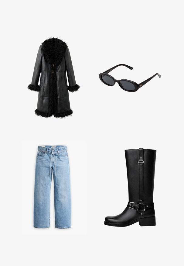 Czarny skórzany płaszcz z puszystym czarnym futrzanym kołnierzem i mankietami, prosty krój oraz zamki na drewnianych zapięciach. Zawiera dwie boczne kieszenie.; Biała koszula z długim rękawem, uszyta z miękkiego materiału. Ma dopasowany krój z marszczeniami w talii oraz okrągłym dekoltem.; Jasnoniebieskie dżinsy w szerokim kroju z wysokim stanem, z zapięciem na guziki i zamek oraz sznurkiem w talii. Zakończenie w surowym wykończeniu.; Wysokie czarne buty z faux skóry, z okrągłym noskiem, detalem klamry na pasku oraz grubym obcasem. Gładka tekstura i pionowa szew na cholewie.; Czarne, oversize okulary przeciwsłoneczne z owalnymi soczewkami, gładkim plastikowym mostkiem i złotymi akcentami na zausznikach. Ciemne soczewki zapewniają ochronę przed słońcem.; Czarna skórzana torba na ramię o zaokrąglonym kształcie, z dwiema długimi rączkami i srebrnym wykończeniem. Gładka tekstura bez widocznych wzorów czy akcentów.