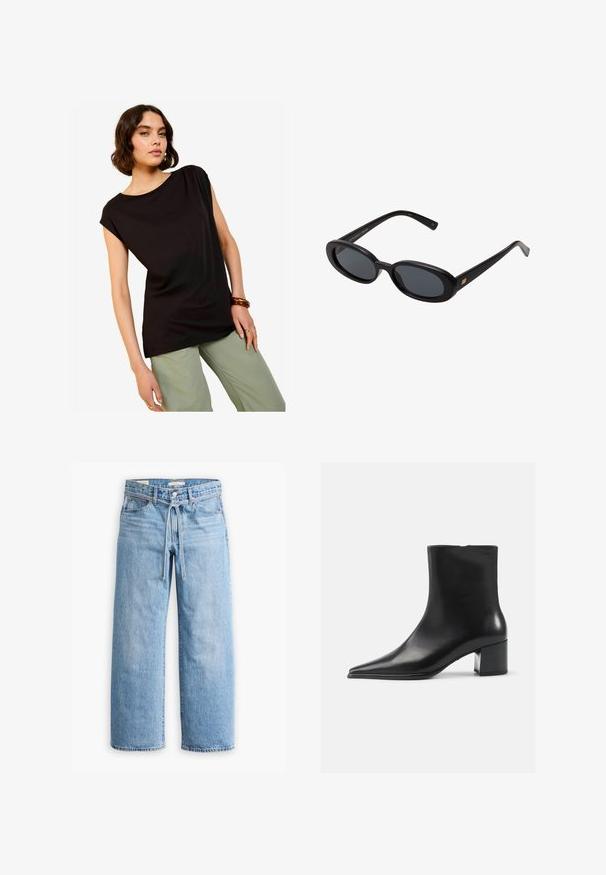 Palton din piele neagră cu un guler și manșete din blană neagră pufoasă, design drept și închideri cu toggle din lemn. Include două buzunare laterale.; Top negru cu maneci scurte, cu o croială relaxată și guler rotund, asociat cu pantaloni largi de culoare verde deschis. Țesătură netedă cu un design minim.; Jeanși cu talie înaltă, de culoare albastru deschis, cu picioare largi, închidere cu nasture și fermoar, și detaliu cu șnur la talie. Terminare brută a marginii.; Botină neagră din piele, cu vârful ascuțit, textură netedă și toc mediu bloc. Design minimalist, închidere cu fermoar la spate.; Ochelari de soare supradimensionați, cu lentile ovale, cadru din plastic neted și accente aurii pe brațe. Lentilele întunecate oferă protecție solară.