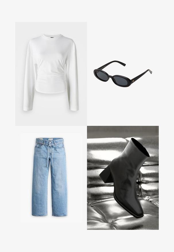 Svart läderjacka med en fluffig svart pälskrage och manschetter, rakt snitt och träknappar. Två sidofickor ingår.; Vit långärmad skjorta i mjukt tyg. Har en figurnära design med gathered detaljer vid midjan och rund halsringning.; Ljusblå denim jeans med vida ben och hög midja, knäppning med knapp och dragkedja samt dragsko i midjan. Råkantad avslutning.; Svarta ankelboots i glänsande material med fyrkantig tå och avsmalnande klack, placerade mot en glänsande silverfärgad vadderad bakgrund.; Svarta överdimensionerade solglasögon med ovala linser, slät plastbåge och guldaccent på bågarna. Mörka linser ger solskydd.; Svart läderhandväska med en böjd design, två långa handtag och silverfärgade detaljer. Slät textur utan synliga mönster eller accenter.