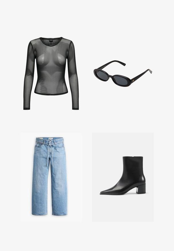 Black leather coat featuring a fluffy black fur collar and cuffs, a straight design, and wooden toggle closures. Two side pockets included.; JDY JDYELSA O NECK - Long sleeved top - black; Light blue denim wide-leg jeans with a high waist, button and zip closure, and a drawstring detail at the waist. Raw hem finish.; Black leather ankle boot with a pointed toe, smooth texture, and a mid-block heel. Minimalist design, zipper closure at the back.; Black oversized sunglasses with oval lenses, smooth plastic frame, and gold accents on temple. Dark lenses provide sun protection.