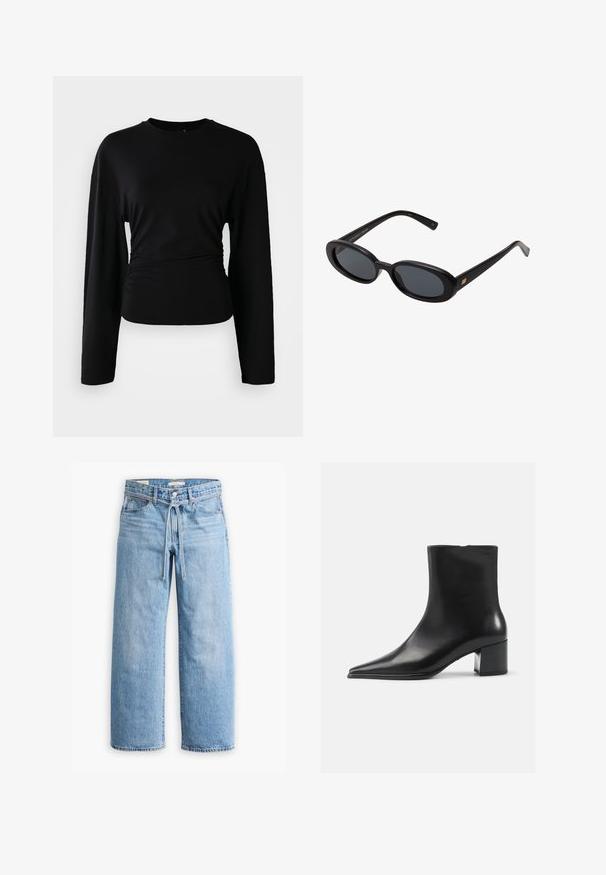 Černý kožený kabát s načechraným černým kožíškem na límci a manžetách, rovný střih a dřevěné zapínání na knoflíky. Součástí jsou dvě postranní kapsy.; Černý dlouhý rukáv top vyrobený z měkké tkaniny. Má kulatý výstřih a na bocích nabírané detaily. Hladká textura, přiléhavý střih.; Světle modré džínové široké kalhoty s vysokým pasem, zapínáním na knoflík a zip, a šňůrkou v pase. Obroušené zakončení.; Černá kožená kotníková bota s špičatou špičkou, hladkým povrchem a středním blokovým podpatkem. Minimalistický design, zapínání na zip na zadní straně.; Černé oversized sluneční brýle s oválnými čočkami, hladkým plastovým rámem a zlatými akcenty na spáncích. Tmavé čočky poskytují ochranu před sluncem.; Černá kožená kabelka s zakřiveným designem, dvěma dlouhými uchy a stříbrným kováním. Hladká textura bez viditelných vzorů nebo akcentů.