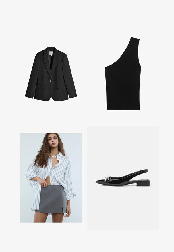 Blazer nero con revers a scarpetta, chiusura a un bottone, due tasche frontali e una texture di tessuto liscia. Vestibilità standard con maniche lunghe.; Top nero a costine con una silhouette asimmetrica unica e una spallina singola. Texture liscia, senza hardware visibile o motivi.; Giovane donna con capelli lunghi e ricci, che indossa una camicia bianca a righe sottili oversize, una mini gonna grigia con spacco frontale e una collana a forma di stella.; Scarpe slingback in vernice nera con punta appuntita, dettaglio in metallo argentato e tacco basso a blocco. Texture liscia e lucida in tutto l'oggetto.
