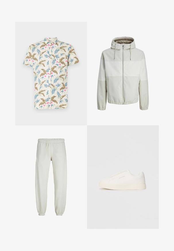 Kerge kapuutsiga jakk helesinises värvitoonis, millel on lukuga esitasku, horisontaalsed triibud ja elastsed mansetid. Sile, veekindel kangas.; Lühikeste varrukatega särk heledast beežist puuvillast, millel on troopiline lillemuster roosa ja sinise aktsendiga ning nööpidega eest.; Valged trennipüksid, mis on valmistatud pehmest kangast, elastse vöökoha ja mansettidega, sileda tekstuuri ja lõdva lõikega.; Valged libisemiskindlad tossud tekstuuriga pinnaga, paksu tallaga ja minimalistikus disainis. Küljel on brändi logo.