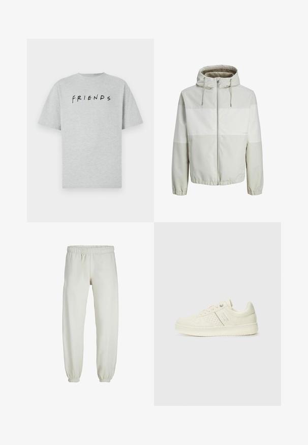 Lättviktsjacka med huva i ljusgrå, med dragkedja fram, som har horisontella ränder och elastiska ärmslut. Slätt, vattenavvisande material.; Grå bomulls t-shirt med korta ärmar som pryder ordet "FRIENDS" i svart, accentuerat med färgglada prickar i en avslappnad stil.; Vita sweatpants gjorda av mjukt tyg, med elastisk midja och muddar, samt en slät textur och lös passform.; Krämfärgad sneaker med perforerade detaljer, snören och logotyp på sidan, visad mot en enkel vit bakgrund.