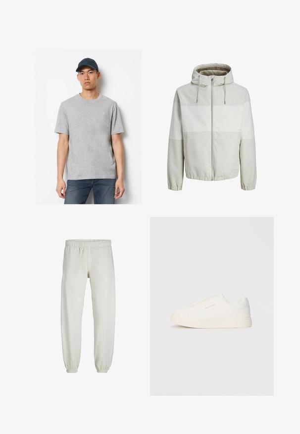 Let let hættejakke i lys grå med lynlås foran, der har vandrette striber og elastiske manchetter. Glat, vandafvisende stof.; Grå bomulds T-shirt med korte ærmer og rund hals, parret med mørkeblå jeans og en matchende kasket med et logo på forsiden.; Hvide sweatpants lavet af blødt stof, med elastisk talje og håndled, der har en glat tekstur og løs pasform.; Hvide slip-on sneakers med en struktureret overflade, en tyk sål og et minimalistisk design. Har brandlogoet på siden.