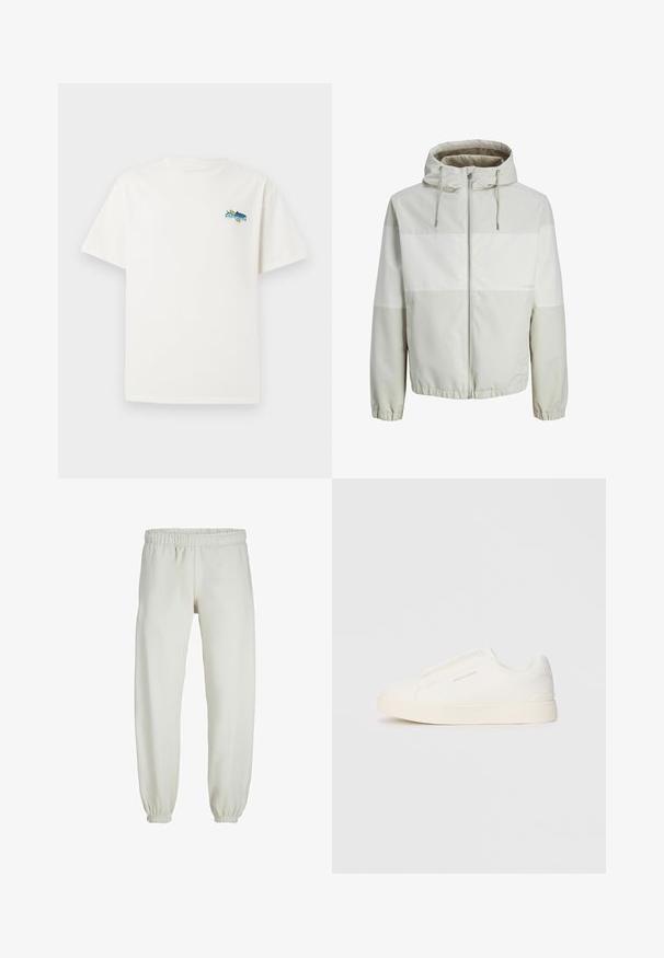 Kerge kapuutsiga jakk helesinises värvitoonis, millel on lukuga esitasku, horisontaalsed triibud ja elastsed mansetid. Sile, veekindel kangas.; Valge puuvillane T-särk lühikeste varrukatega, millel on värvikas graafika disain vasakul rinna piirkonnas, kujutades kala ja teksti.; Valged trennipüksid, mis on valmistatud pehmest kangast, elastse vöökoha ja mansettidega, sileda tekstuuri ja lõdva lõikega.; Valged libisemiskindlad tossud tekstuuriga pinnaga, paksu tallaga ja minimalistikus disainis. Küljel on brändi logo.