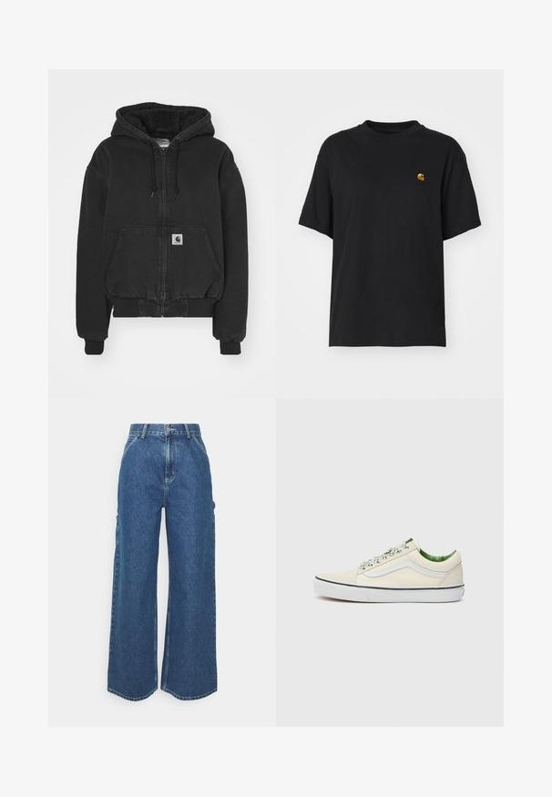 Carhartt WIP ACTIVE JACKET - Blouson Bomber - black stone washed; T-shirt en coton noir à coupe décontractée. Présente un col rond et des manches courtes. Comprend un petit logo doré brodé sur la poitrine.; Pantalons en denim bleu à jambes larges avec taille haute, couture contrastée et poches latérales, présentant un design classique à cinq poches et des ourlets bruts.; Baskets basses en toile beige avec des accents verts, semelle en caoutchouc blanc et lacets à motifs. Présente un design à rayures sur le côté.