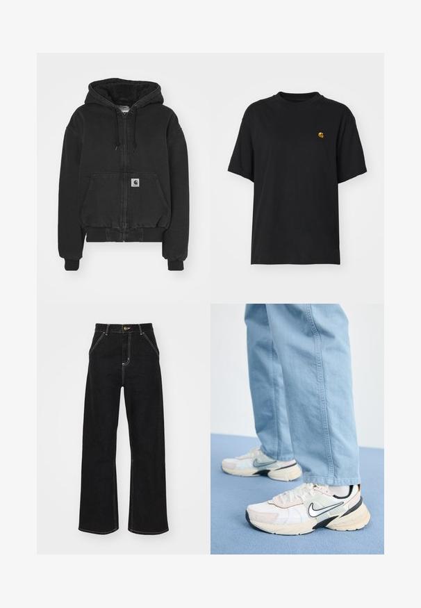 Carhartt WIP ACTIVE JACKET - Bomberjacke - black stone washed; Schwarzes Baumwoll-T-Shirt mit lockerer Passform. Hat einen Rundhalsausschnitt und kurze Ärmel. Enthält ein kleines, goldfarben gesticktes Logo auf der Brust.; Schwarze weit geschnittene Jeans aus Denim, mit kontrastierenden weißen Nähten und einem vorderen Knopfverschluss, ausgestattet mit zwei schrägen Fronttaschen.; Weiße und hellrosa Laufschuhe mit schwarzen Akzenten, strukturiertem Stoff und einer klobigen Sohle; kombiniert mit hellblauen Jeans.