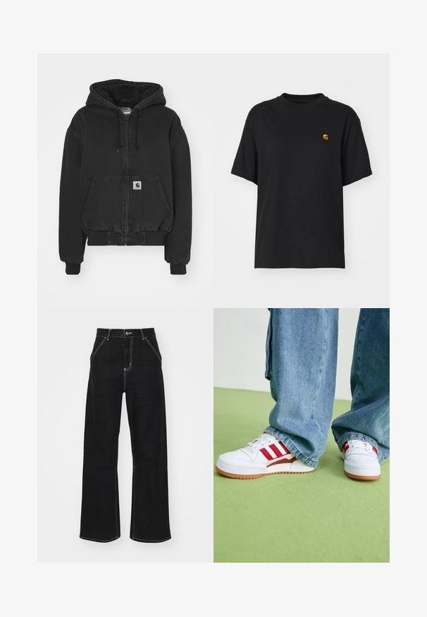 Carhartt WIP ACTIVE JACKET - Bombejakke - black stone washed; Svart bomulls t-skjorte med løs passform. Har rund hals og korte ermer. Inkluderer en liten gullbrodert logo på brystet.; Svarte vide jeans laget av denim, med kontrasterende hvite sømmer og en frontknapplukking, samt to skrå frontlommer.; Hvite sneakers med røde striper og detaljer, teksturerte gummisåler og polstrede krager, sammen med løse blå dongeribukser. Grønn bakgrunn.
