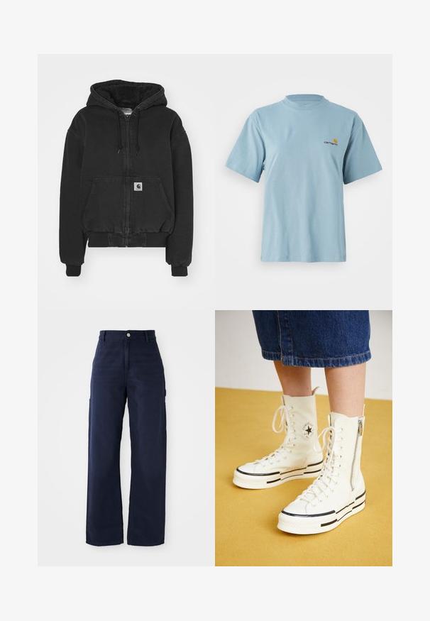 Carhartt WIP ACTIVE JACKET - Bomber stiliaus striukė - black stone washed; Mėlynos spalvos trumpomis rankovėmis medvilninis marškinėliai su apvaliu kaklu ir mažuoju geltonu bei raudonu Carhartt logotipu kairiajame krūtinės šone.; Tamsiai mėlynos plačios kojų cargo kelnės, pagamintos iš tvirto medvilninio audinio, su šoninėmis kišenėmis ir sagčių uždarymu juosmenyje.; Baltos aukštakulniai sportbačiai su užtrauktuku, raištelių dizainu ir juodais akcentais storame padu. Tekstūruota kanvo medžiaga.
