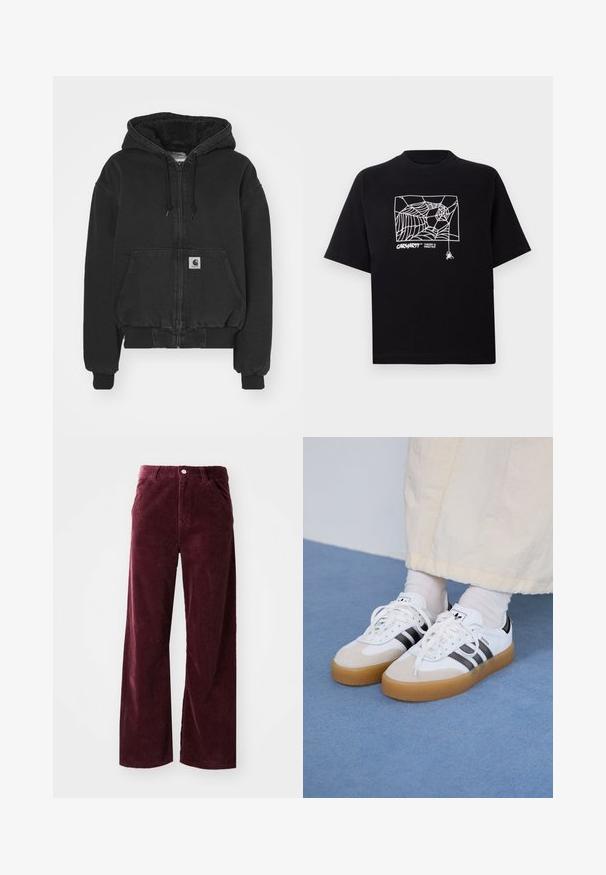 Carhartt WIP ACTIVE JACKET - Bomber jakna - black stone washed; Črn T-majica iz bombaža s kratkimi rokavi. Na sprednji strani ima belo grafiko pajkove mreže in logo. Preprost okrogli izrez.; Bordo kordurojske hlače z širokimi nogavicami, ki vključujejo sprednje žepke, zapenjanje na gumb in rebrov prizor skozi celotno površino.; Bele tene škornje s črnimi črtami in bež usnjenimi detajli. Imajo teksturirano gumijasto podplat in ravne bele vezalke, nosijo se z svetlimi nogavicami.