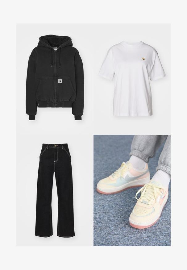 Carhartt WIP ACTIVE JACKET - Blusão aviador - black stone washed; T-shirt branca de algodão com um corte descontraído, mangas curtas e um pequeno logótipo bordado na área do peito esquerdo.; Calças de ganga largas pretas, com costuras brancas em contraste e fecho frontal com botão, apresentando dois bolsos frontais inclinados.; Nike Sportswear AIR FORCE 1 SHADOW - Sapatilhas - coconut milk/crimson tint/light silver/sail/guava ice
