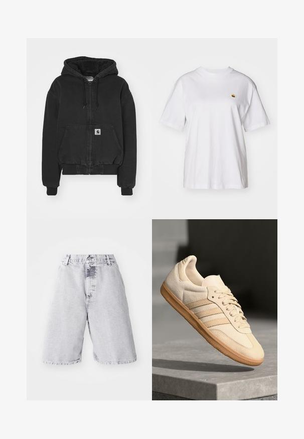 Carhartt WIP ACTIVE JACKET - Chaquetas bomber - black stone washed; Camisa de algodón blanca con corte relajado, mangas cortas y un pequeño logotipo bordado en el área del pecho izquierdo.; Pantalones cortos de mezclilla en gris claro con una textura desgastada. Cuenta con un cierre de botón y cremallera, presillas para cinturón y un diseño de pierna recta.; Zapatillas de ante beige claro con suela de goma, tres rayas diagonales y una puntera texturizada. Presenta el logo en la lengüeta y en el lateral.
