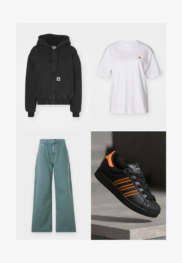Carhartt WIP ACTIVE JACKET - Geacă bomber - black stone washed; Tricou alb din bumbac cu o croială lejeră, mâneci scurte și un mic logo brodat în zona stângă a pieptului.; Pantaloni cu croi larg, de culoare turcoaz, cu talie înaltă, închidere cu nasture și buzunare laterale. Confecționați dintr-un material neted și durabil.; Adidași negri cu accente portocalii, trei dungi orizontale, parte superioară din piele texturată, capac de cauciuc pentru vârf și șireturi negre.