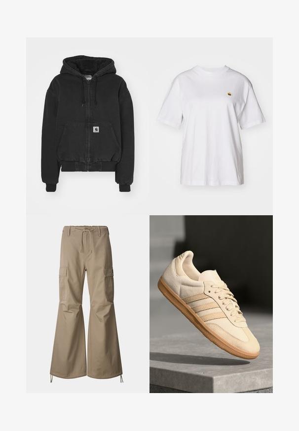 Carhartt WIP ACTIVE JACKET - Bomber Jacket - black stone washed; White cotton t-shirt with a relaxed fit, short sleeves, and a small embroidered logo on the left chest area.; Beige cargo pants made of durable fabric, featuring a drawstring waist, two side pockets, and wide flared legs with adjustable hems.; Light beige suede sneaker with gum outsole, three diagonal stripes, and a textured toe cap. Features logo on the tongue and side.