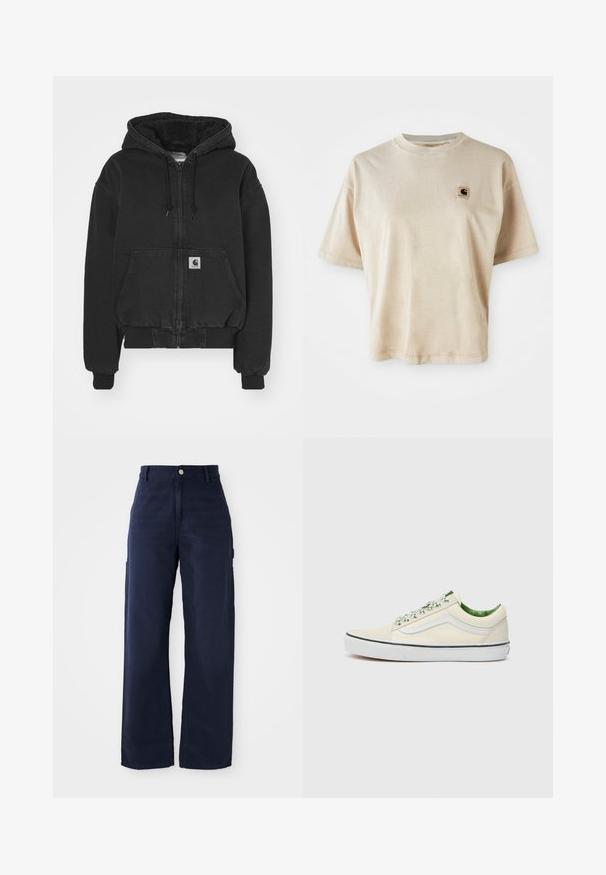 Carhartt WIP ACTIVE JACKET - Bombejakke - black stone washed; Beige bomulls t-skjorte med avslappet passform, rund hals, korte ermer og et lite kvadratisk logo-lapp på venstre brystområde.; Marineblå vide bukser med cargo-design laget av solid bomullsstoff, med sidelommer og knappelukking i midjen.; Beige lerret lavtopp sneakers med grønn aksent, hvit gummisåle og mønstrete snørebånd. Har et sidestrekdesign.