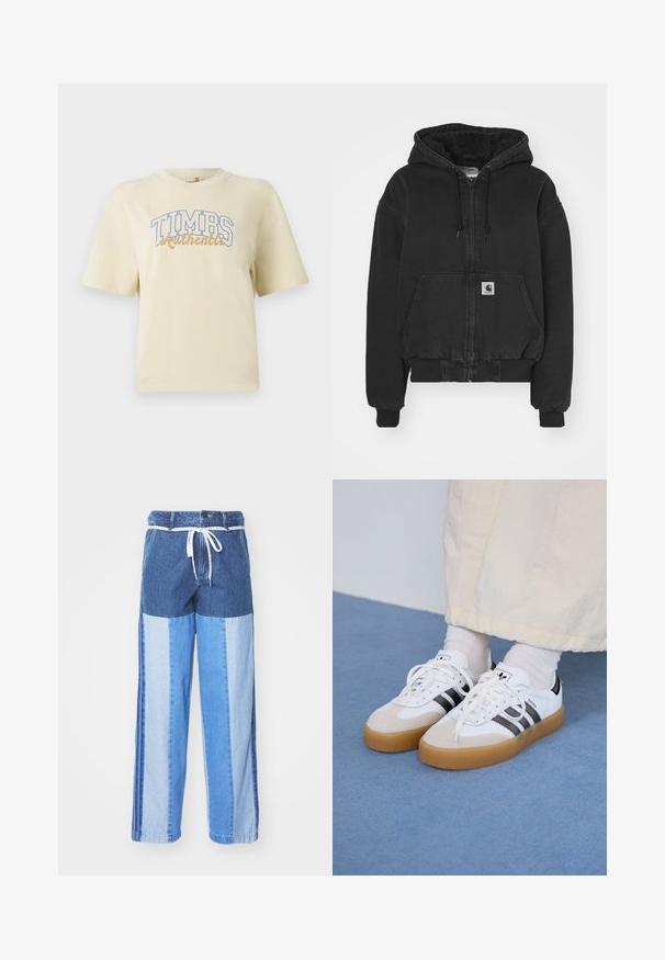 Carhartt WIP ACTIVE JACKET - Bomber-jakk - black stone washed; Kreemi lühikeste varrukatega T-särk, millel on sinise ja kuldse letteringuga "TIMBS Authentic". Valmistatud pehmest puuvillast, millel on lõdvestatud lõige.; Sinised teksapüksid, millel on erinevatest sinistest toonidest kokku õmmeldud mustriga, paelavöö ja laiad, sirged sääred.; Valged tossud mustade triipudega ja beeži nahaga aktsentidega. Omavad tekstuuriga kummist talla ja lamedaid valgeid paelu, kantud heledate sokkidega.