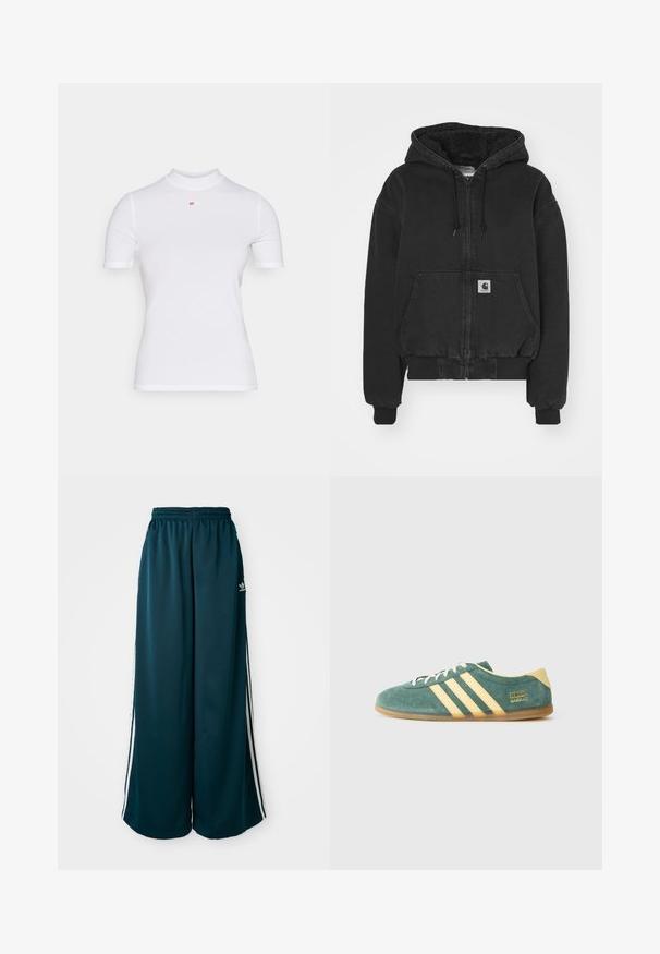 Carhartt WIP ACTIVE JACKET - Bombejakke - black stone washed; Hvit ribbet t-skjorte med korte ermer og høy hals, med en liten rød logo plassert sentrert på brystet. Jevn tekstur, figurnær design.; Teal vide bukser i sweats-materiale med elastisk talje, der har tre hvide striber langs siderne og et Adidas-logo på venstre side.; Grønn semsket sko med gule aksenter og tre striper. Rund tå, flat gummisåle, og fremtredende merkevarelogo på siden.