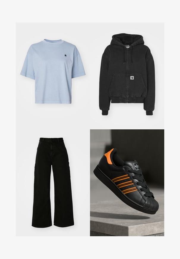 Carhartt WIP ACTIVE JACKET - Bomber Jacket - black stone washed; Carhartt WIP NELSON - Basic T-shirt - dusty ice; Black wide-leg cargo pants made of denim, featuring a high waist, front button closure, and side pockets. Smooth texture with minimal stitching.; Black sneaker with orange accents, three horizontal stripes, textured leather upper, rubber toe cap, and black laces.