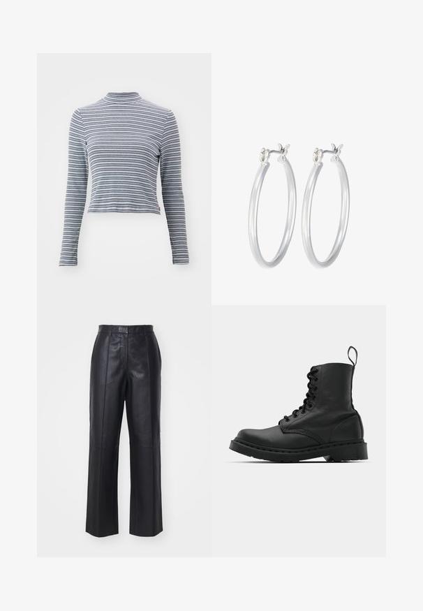 Carhartt WIP ACTIVE JACKET - Bomberjacke - black stone washed; Gestreiftes Langarm-Turtleneck-Oberteil aus weichem Stoff. Hat schmale horizontale schwarz-weiße Streifen und ein tailliertes Design.; Schwarze Lederhosen mit hoher Taille, weitem Bein-Design und vertikalen Nahtdetails. Glatte Textur mit glänzendem Finish.; Schwarzer Lederkampfstiefel mit runder Zehenpartie, Schnürung vorne und einer Zuglasche am Knöchel. Verfügt über eine dicke Gummisohle für Langlebigkeit.; Silberne Creolen mit einer glatten, polierten Oberfläche. Runder Form und sicherem Klickverschluss. Leichtes Design, geeignet für den täglichen Gebrauch.