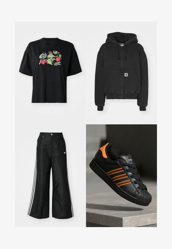 Carhartt WIP ACTIVE JACKET - Bomberjakke - black stone washed; Sort kortærmet T-shirt med et farverigt frugt- og bladgrafik på forsiden, med trykt tekst "Cargart WIP Cream of the crop."; Sorte vide denim bukser med tre hvide striber på hver side og et lille hvidt logo. Indeholder forlommer og en knaplukning.; Sort sneakers med orange detaljer, tre vandrette striber, tekstureret læderoverdel, gummikappe og sorte snørebånd.