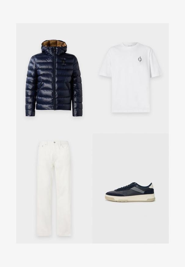 Doudoune marine avec une finition brillante, dotée d'une capuche, fermeture éclair à l'avant et poches latérales. Doublure intérieure en marron avec une texture matelassée.; T-shirt en coton blanc avec une coupe décontractée, présentant un petit logo graphique noir sur le côté gauche de la poitrine. Manches courtes, col rond.; Jean en denim blanc avec une coupe droite, fermeture à bouton et à glissière, conception à cinq poches, sans motifs ou accents visibles.; BOSS BALTIMORE - Baskets basses - open blue