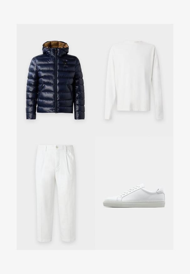 Navy puffer jacket with a glossy finish, featuring a hood, zip front, and side pockets. Interior lined in brown with quilted texture.; Long-sleeved white cotton shirt with a round neckline, side slits at the bottom, and a smooth texture, displayed from the back.; White cotton trousers with a straight cut, featuring a button closure, pleated front, and rolled hems. Smooth texture with no visible patterns.; White sneaker with a smooth leather upper and a low profile. Features a rounded toe, six eyelets, and a textured rubber sole.