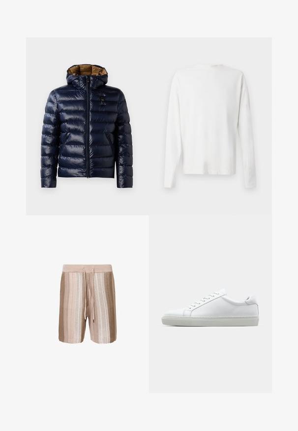 Mornarsko modra puffer jakna z leskasto končno obdelavo, ki ima kapuco, zadrgo spredaj in stranske žepke. Notranjost je obložena v rjavi barvi s kvadratnim teksturo.; Bela bombažna srajca z dolgimi rokavi in okroglo ovratnikom, z bočnimi razporki na dnu in gladko teksturo, prikazana s hrbtne strani.; Beige pletene kopalne hlače z vodoravnimi črtami v svetlejših odtenkih, elastičen pas z vrvico in teksturirana tkanina.; Bela športna obutev z gladkim usnjenim zgornjim delom in nizkim profilom. Ima zaokrožen nos, šest lukenj za vezalke in teksturiran gumijast podplat.