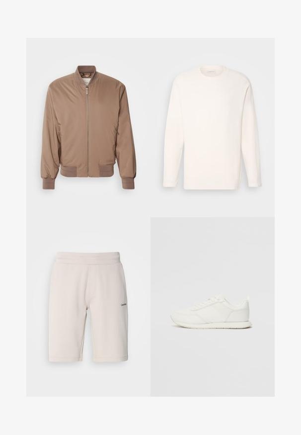 Brązowa kurtka bombowiec z zamkiem błyskawicznym z przodu, ściągaczami przy mankietach i u dołu, a także bocznymi kieszeniami. Wykonana z gładkiego, lekkiego materiału o matowym wykończeniu.; Koszulka z długim rękawem i okrągłym dekoltem w kolorze off-white, wykonana z gładkiego materiału. Delikatny detal logo na klatce piersiowej, prosty dół i miękkie mankiety.; Jasnobeżowe szorty dresowe z mieszanki bawełny, z elastycznym pasem, bocznymi kieszeniami i małym czarnym logo na jednej nogawce.; Białe trampki z siateczkową i syntetyczną cholewką, okrągłym noskiem, płaskimi sznurowadłami oraz teksturowanym paskiem bocznym. Gumowa podeszwa z pętelką z tyłu.