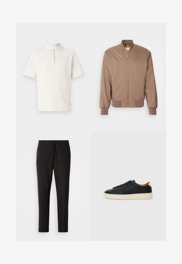 Brūns bomberjakas ar rāvējslēdzēju priekšpusē, ribotām piedurknēm un apakšmalu, kā arī sānu kabatām. Izgatavota no gludas, vieglas materiāla ar matētu apdari.; Krāsā off-white īsām piedurknēm polo krekls ar rāvējslēdzēja apkakli. Izgatavots no mīksta auduma ar tīru, minimālu dizainu un bez redzamām rakstām.; Melnas sporta bikses no gludas auduma. Tām ir elastīga josta ar auklu, sašaurinātas kājas un nav redzamu kabatu. Vienkāršs dizains.; Melni ādas sporta apavi ar gludu tekstūru, bēša krāsas gumijas zole, auklu aizdare un kontrastējošs papēža akcents.
