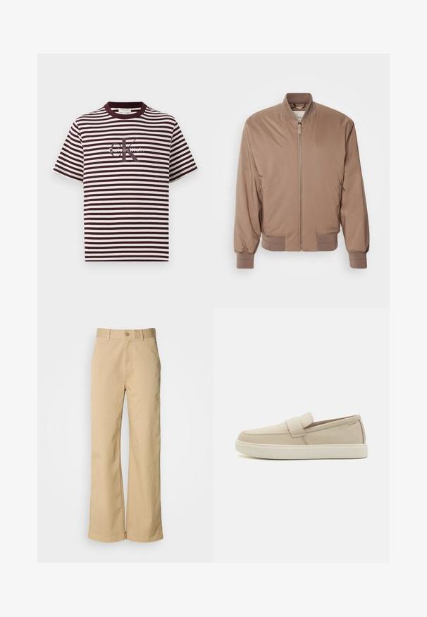 Hnědá bomber bunda se zipem vepředu, žebrovanými manžetami a lemem, a bočními kapsami. Vyrobena z hladkého, lehkého materiálu s matným povrchem.; Pruhované tričko v barvě burgundy a smetany, s kulatým výstřihem a krátkými rukávy. Uprostřed je logo "Calvin Klein". Měkká textilie.; Beige široké kalhoty vyrobené z bavlněné směsi. Mají zapínání na knoflík a poutka na opasek. Hladká textura s minimálními detaily šití.; Calvin Klein Tenisky - turtle dove