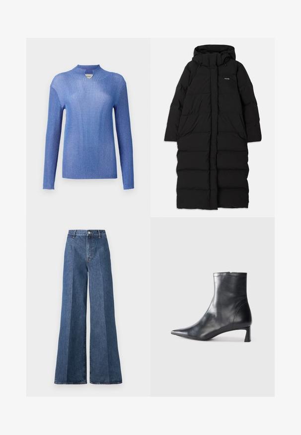 Zwarte lange pufferjas met een kap, voorzien van een gequilt ontwerp, grote voorkant zakken en een centrale ritsluiting. Effen stof zonder patronen.; Blauwe geribbelde gebreide trui met een hoge halslijn en lange mouwen. Heeft een textuurafwerking en een lichte glans, wat zorgt voor een aansluitende silhouet.; Wijd flonkerige blauwe denim jeans met een hoge taille, voorzien van klassieke vijf-pocketstijl en een knoopsluiting, gemaakt van gestructureerde katoen.; Zwarte leren enkellaars met een spitse neus en een slank ontwerp. Heeft een lage hak en een ritssluiting aan de achterkant. Gladde textuur.