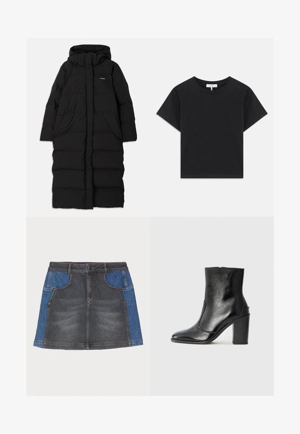 Fekete, hosszú, puffertöltéses kabát kapucnival, steppelt kialakítással, nagy elülső zsebekkel és középső cipzáras záródással. Egyszerű anyag, minta nélkül.; Fekete cropped póló, pamutból készült, kerek nyakú, rövid ujjú, egyszerű dizájnnal, minta vagy díszítés nélkül.; Sötét szürke elülső résszel és világos kék oldalsó panelekkel rendelkező farmer szoknya, szabványos derékkal, két elülső zsebbel és eltérő varrással.; Fekete bőr bokacipő sima textúrával, hegyes orral és vastag, magas sarkával. Oldalnyílással és minimalista dizájnnal rendelkezik.