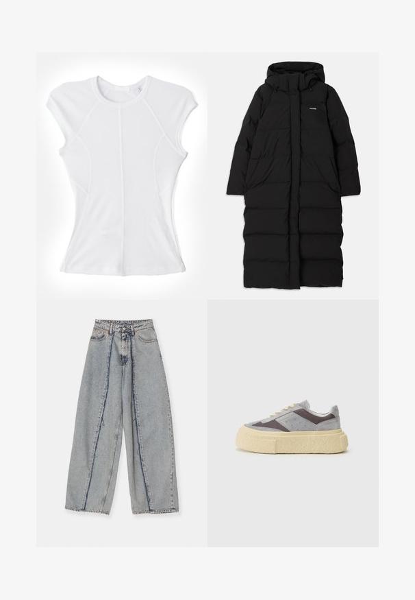 Black long puffer coat with a hood, featuring a quilted design, large front pockets, and a central zipper closure. Plain fabric with no patterns.; Helmut Lang Basic T-shirt - optic white; Light blue wide-leg jeans with frayed edges, a high waist, and contrasting seams. Made of denim, showcasing a relaxed fit and minimal distressing.; Grey suede sneakers with mesh paneling, cream sole, and rounded toe. Features beige laces and subtle perforations on the sides.