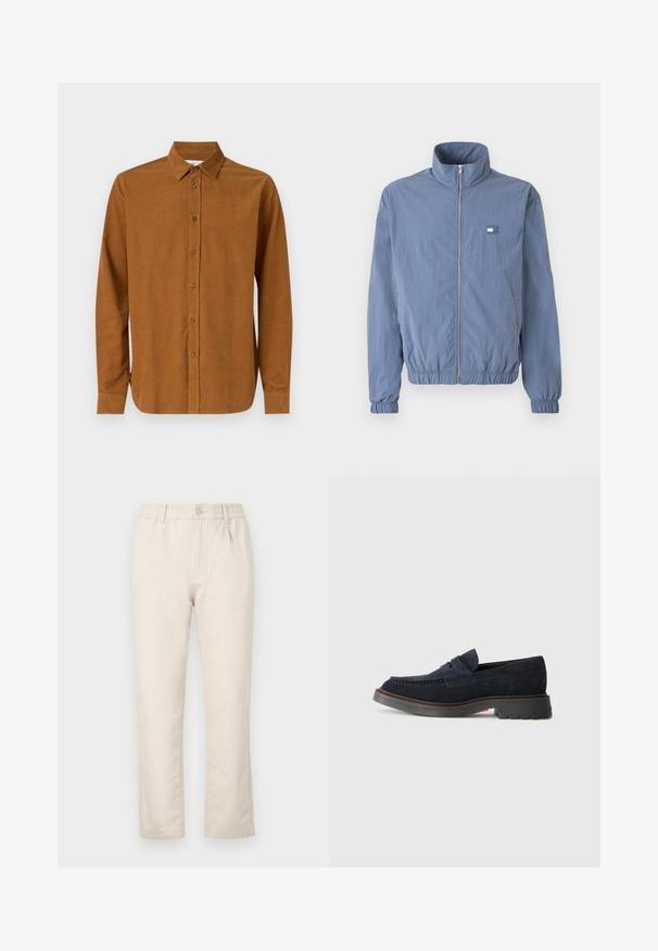 Jasnoniebieska kurtka z zamkiem błyskawicznym, z wysokim kołnierzem, elastycznymi mankietami i pasem. Posiada małą łatkę logo na lewej piersi.; Brązowa koszula zapinana na guziki z długim rękawem, wykonana z gładkiego materiału, z klasycznym kołnierzykiem i siedmioma guzikami z przodu, z prostymi mankietami.; Beżowe spodnie bawełniane z elastycznym pasem, zapięciem na guzik, prostym krojem oraz subtelną teksturą bez widocznych wzorów.; Granatowe zamszowe mokasyny z okrągłym noskiem, ozdobnym przeszyciem i gumową podeszwą z lekkim uniesieniem. Trwały materiał i konstrukcja.