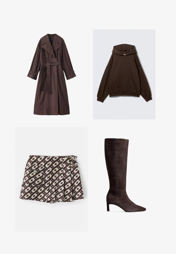 Brown trench coat with a textured finish, double-breasted design, wide collar, belted waist, and rolled cuffs.; Brown oversized hoodie made of cotton blend fabric, featuring a large hood, front pocket, and ribbed cuffs. Smooth texture with minimal design.; Branded shorts featuring a brown and cream geometric pattern, two side pockets, and gold hardware accents. Fabric has a smooth texture.; Brown suede knee-high boot with a pointed toe and 3-inch heel. Smooth texture, sleek silhouette, and minimalistic design.