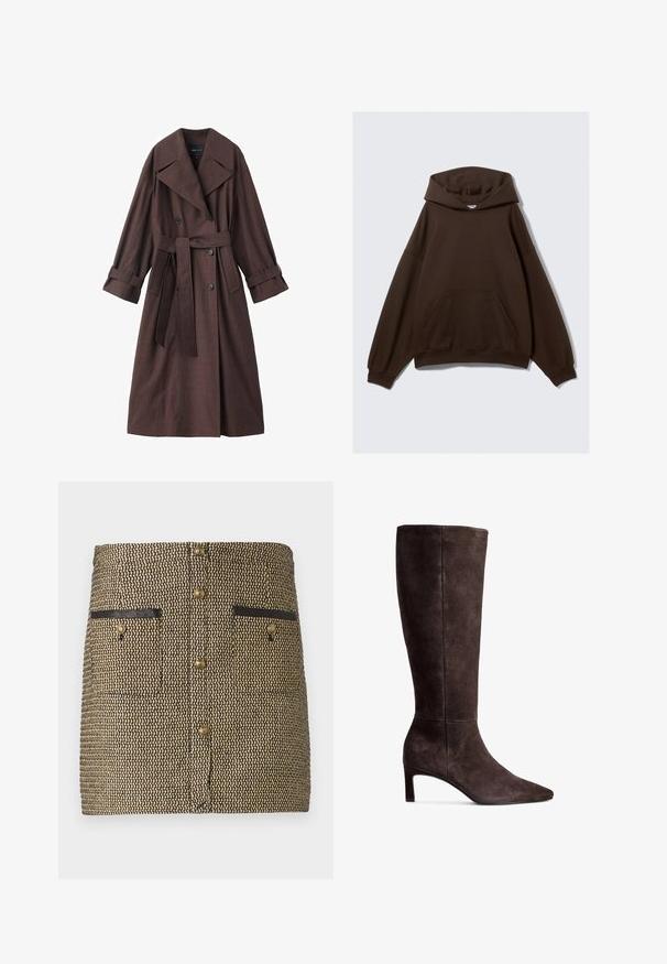 Ruskea trench-takki, jossa on teksturoitu pinta, kaksoisnapitus, leveä kaulus, vyötäröllä oleva vyö ja käärityt hihat.; Ruskea ylisuuri huppari, joka on valmistettu puuvillasekoitekankaasta. Siinä on suuri huppu, etutasku ja ribbireunat. Sujuva pinta ja minimaalinen muotoilu.; Kudottu hame, jossa on musta ja kultainen kuvio, kaksi etutaskua mustilla yksityiskohdilla ja kultaiset napit keskellä.; Ruskista nahasta valmistetut polvipituiset saappaat, jossa on terävä kärki ja 3 tuuman korkeus. Suora pinta, sulavalinjainen muotoilu ja minimalistinen tyyli.
