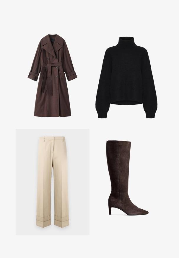 Bruine trenchcoat met een gestructureerde afwerking, dubbelrijks ontwerp, brede kraag, ceintuur in de taille en opgerolde manchetten.; Zwarte coltrui met een cropped ontwerp, gemaakt van pluizige stof. Het heeft brede mouwen en een geribbelde textuur bij de kraag.; Beige broek met een rechte pasvorm, voorzien van een dubbele manchet aan de zoom en een vlakke voorkant. Gemaakt van een gladde, duurzame stof.; Bruine suede kniehoge laars met een puntige neus en een hak van 7,5 cm. Glad textuur, slanke silhuet en minimalistisch ontwerp.