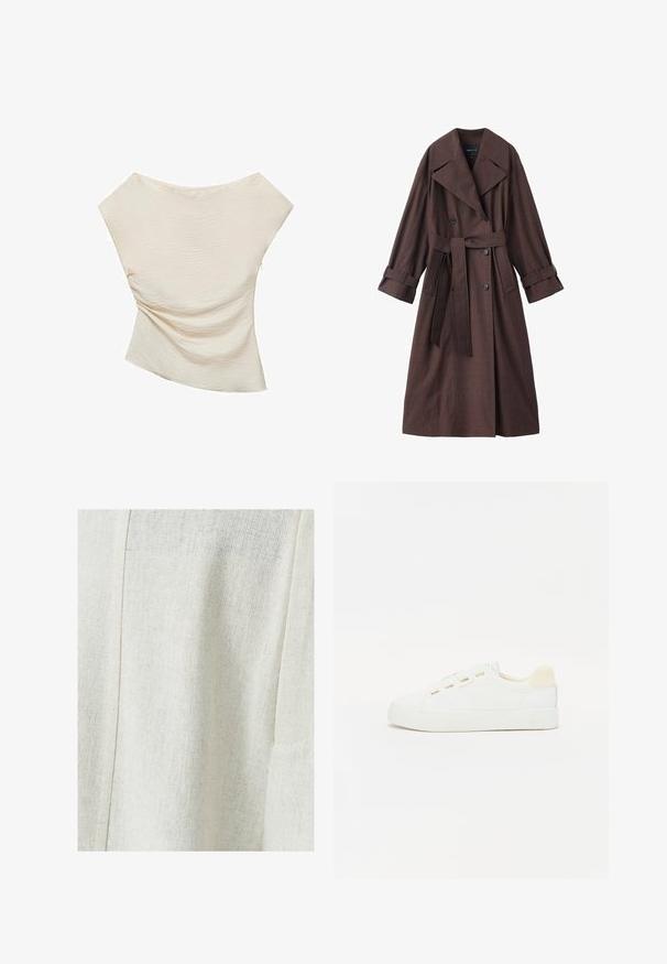 Smeđi trench kaput s teksturiranim završetkom, dvostruko zatvaranje, široki ovratnik, struk s remenom i zavinuti rukavi.; Kremasti top s teksturiranom, rebrastom površinom, s asimetričnim dizajnom i širokim, drapiranim ramenima.; Svijetlosmeđi laneni materijal s teksturiranim uzorkom, s detaljem šava i bočnom džepom. Glatka površina s suptilnom tkanjem.; Bijela tenisica s platnenim gornjim dijelom, okruglim vrhom i ravnim gumenenim potplatom. Ima zlatne rupice za vezanje i svijetlosmeđi naglasak na peti.