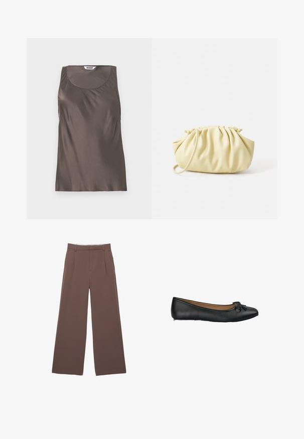 Manteau trench marron avec une finition texturée, design double boutonnage, large col, taille ceinturée et poignets retroussés.; Haut sans manches en satin marron avec un col rond et un doux drapé sur les côtés. Étiquette visible à l'intérieur avec le nom de la marque "WEEKDAY."; Pantalon large en tissu marron uni, avec une texture lisse, des plis à l'avant et une taille ajustée. Pas de logos ni de motifs visibles.; Ballet flats en cuir noir avec un embout rond et un petit détail en nœud à l'avant. Texture lisse et design de semelle plate.; Sac à main plissé jaune en simili cuir lisse, arborant une forme douce avec une bandoulière unique et un design froncé sur le dessus.