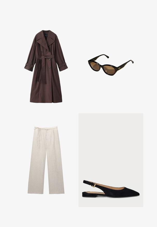 Brauner Trenchcoat mit strukturierter Oberfläche, doppelreihigem Design, breitem Kragen, Taillengürtel und hochgekrempelten Ärmelenden.; Schwarz langärmliges Shirt mit weitem Ausschnitt, aus weichem Stoff gefertigt, mit einer taillierten Passform und minimalen Nähten.; Helle beige Leinen-Hosen mit weitem Bein, hoher Taille, Falten und verstellbarem Kordelzug. Die glatte Textur und die klaren Linien heben das Design hervor.; Schwarze Wildleder Slingback-Ballerinas mit spitzem Zeh, minimalistischem Design, goldfarbener Hardware-Schnalle und niedrigem Absatz. Glatte Textur und elegante Silhouette.; Schwarze Cat-Eye-Sonnenbrille mit braunen Gläsern. Strukturiertes goldfarbenes Zubehör an den Bügeln. Glatter Kunststoffrahmen mit glänzender Oberfläche.; Schwarze gesteppte Handtasche mit einem goldenen Dreieckslogo, ausgestattet mit einem doppelten Kettenriemen und einer glatten Lederstruktur. Rechteckige Form mit Klappenverschluss.