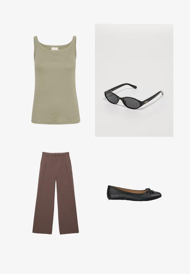 Brauner Trenchcoat mit strukturierter Oberfläche, doppelreihigem Design, breitem Kragen, Taillengürtel und hochgekrempelten Ärmelenden.; Olivegrünes Baumwoll-Top mit Rundhalsausschnitt, schlanker Passform und ohne sichtbare Muster. Glatte Textur, mit geradem Saumabschluss.; Weite Hosen aus einfarbigem braunem Stoff, mit einer glatten Textur, vorderen Falten und einem maßgeschneiderten Bund. Keine sichtbaren Logos oder Muster.; Schwarze Leder-Ballerinas mit einer runden Zehenform und einem kleinen Schleifendetail auf der Vorderseite. Glatte Textur und flache Sohle.; Schwarze Sonnenbrille mit runden Gläsern, glänzender Kunststofffassung und goldfarbenem "QUAY"-Logo an der Seite. Mit dunkel getönten Gläsern.; Gelbe, gefaltete Handtasche aus glattem Kunstleder mit weicher Form, einzigem Schulterriemen und gerafftem Oberteil.